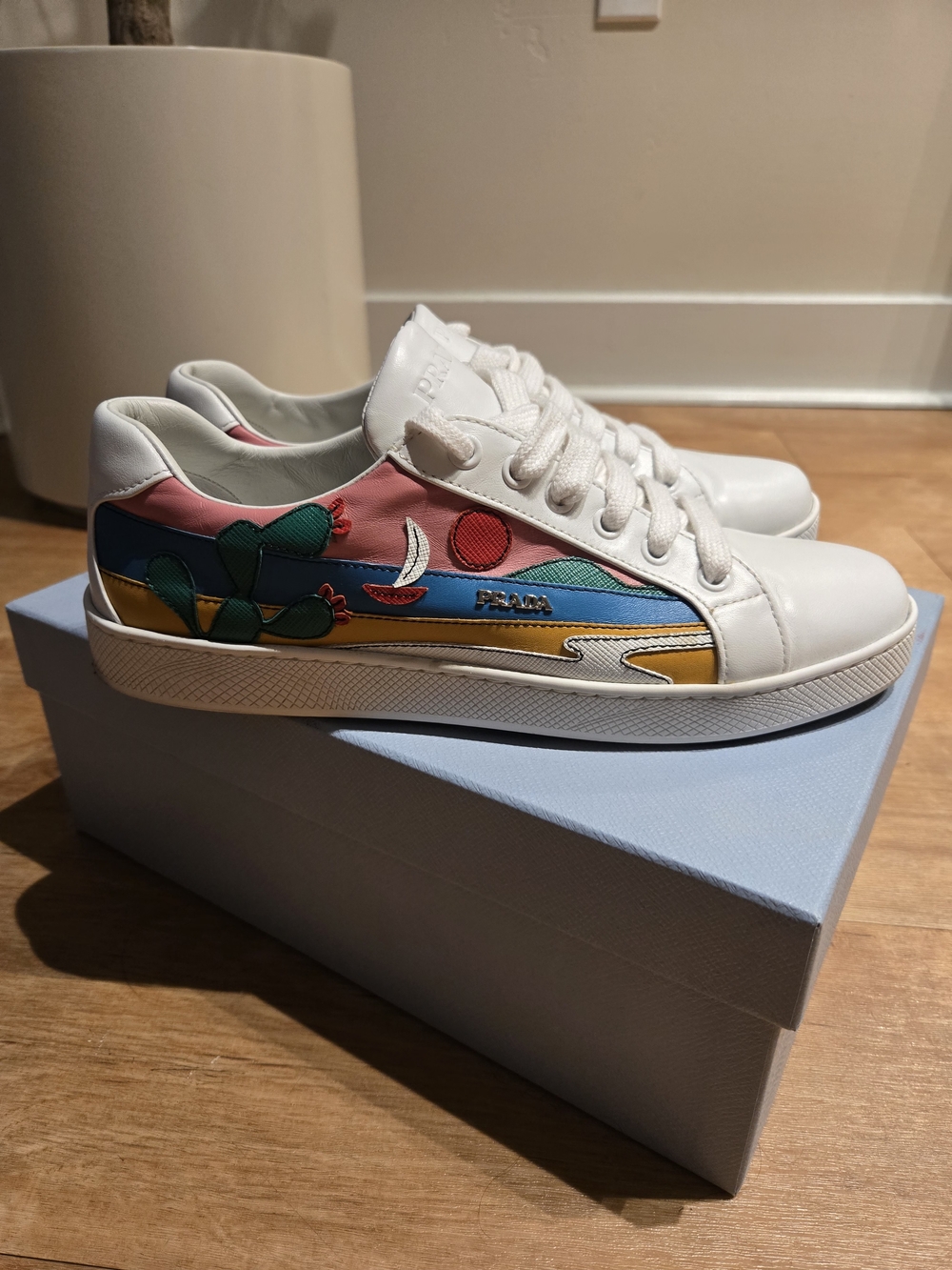 Prada White Leather Low-Top Sneakers with Multi-Color Desert Motif